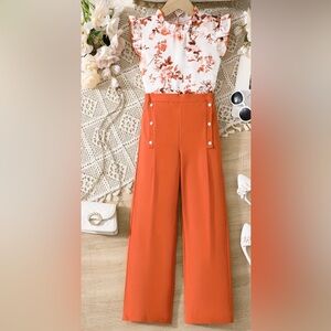 Brand new girls floral design 2 piece set mega sleeve top and plain pant